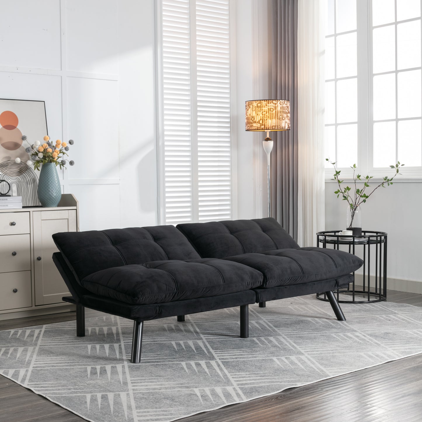 Twin Size Modern Sofa Bed with Adjustable Armrests and Backrest, 800 lb Capacity, Convertible, Black