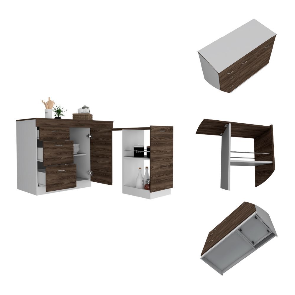 Convertible L-Shaped Kitchen Island with 3 Drawers in White and Dark Walnut Finish