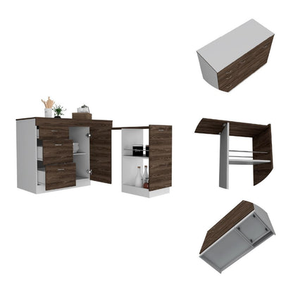 Convertible L-Shaped Kitchen Island with 3 Drawers in White and Dark Walnut Finish