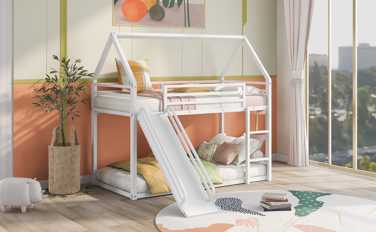House-Themed Twin Over Twin Bunk Bed with Fun Slide and Ladder in White
