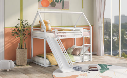 House-Themed Twin Over Twin Bunk Bed with Fun Slide and Ladder in White