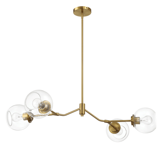 Four-Light Modern Farmhouse Chandelier for Kitchen Island and Dining Room, 36in L x 20in W x 7.25in H, Brass Frame, Clear Glass