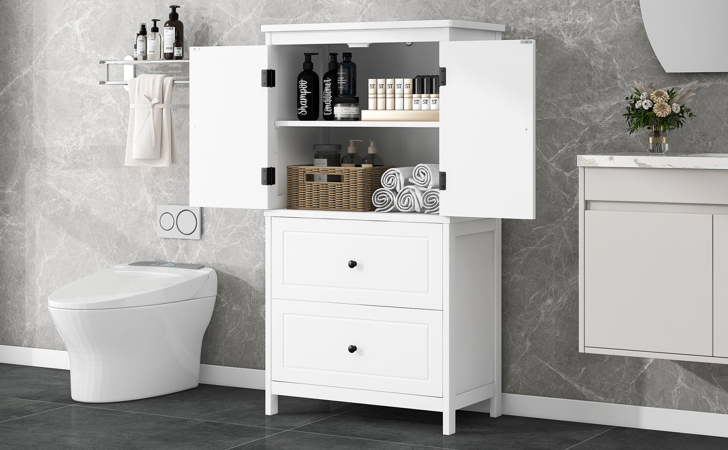 White MDF Bathroom Storage Cabinet with Adjustable Shelves, Two Doors, and Drawers