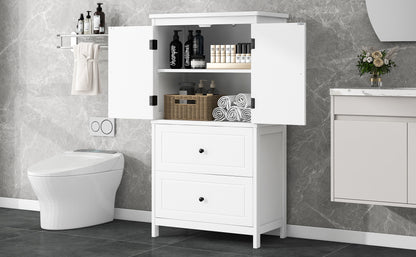 White MDF Bathroom Storage Cabinet with Adjustable Shelves, Two Doors, and Drawers