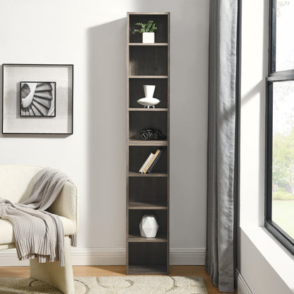 Slim 8-Tier Media Storage Tower with Adjustable Shelves, Tall Narrow Bookshelf for Home Office Use, Versatile Double-Decker Bookcase