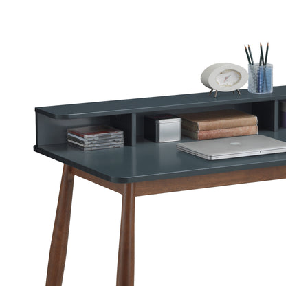 Grey and Brown Mid-Century Modern Rubber Wood Writing Desk with Hutch