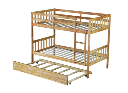 Convertible Twin Over Twin Bunk Bed with Trundle, Rubber Wood Design, Ladder & Safety Guardrails, Natural Finish