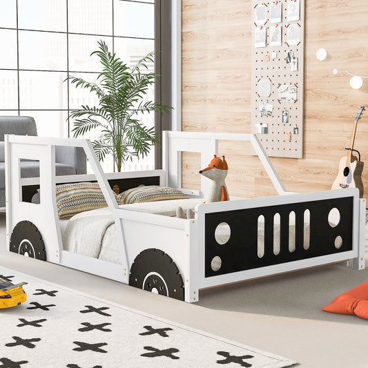 Classic Car-Themed Full Size Platform Bed with Wheels in White