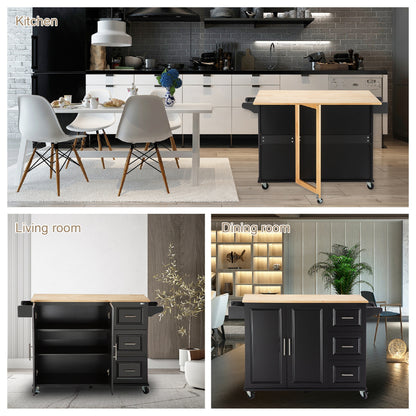 Mobile Kitchen Island with Rubber Wood Top, Adjustable Shelves & Spice Rack - Black-Beech Finish