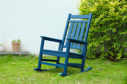 Oversized Outdoor Rocking Chair With Wood Texture Finish All Weather Porch Rocker For Lawn Garden 35In Navy Blue