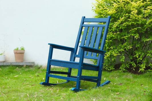 Oversized Outdoor Rocking Chair With Wood Texture Finish All Weather Porch Rocker For Lawn Garden 35In Navy Blue