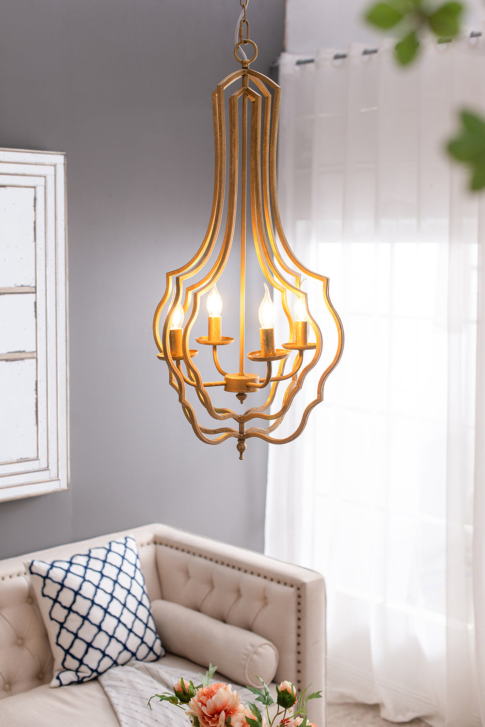 4-Light Iron Chandelier with Chain for Kitchen/Dining, 19.5in Square, 35in Height, 60W E12 Antique Gold