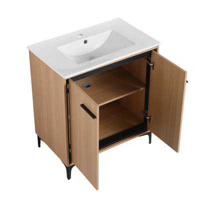 30-Inch Oak Bathroom Vanity Base with Ceramic Basin and Double Door Storage Cabinet