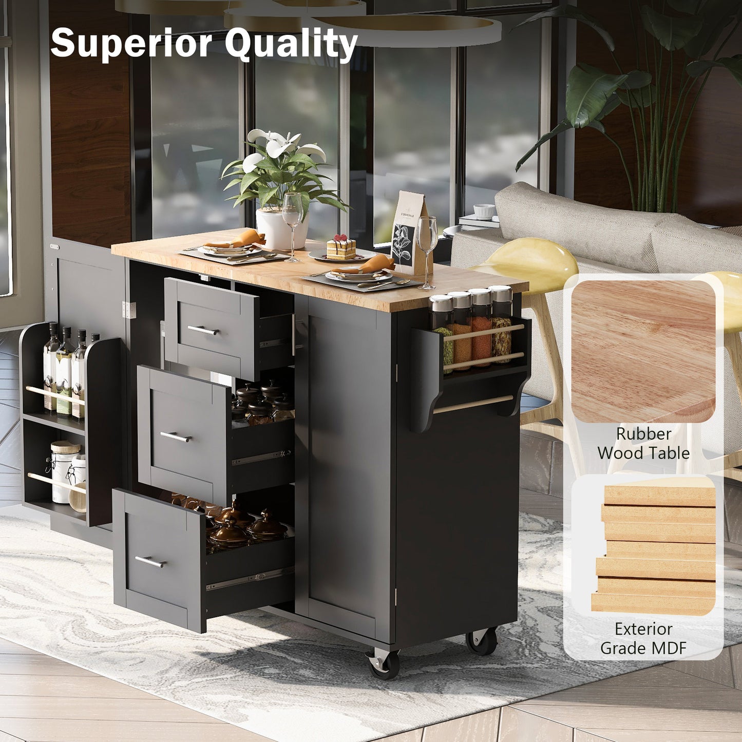 K&K Multifunctional Rolling Kitchen Cart with Rubber Wood Top, 3 Drawers, 2 Slide-Out Shelves, and Ample Storage, Mobile Kitchen Island with Spice Rack & Tower Rack in Black