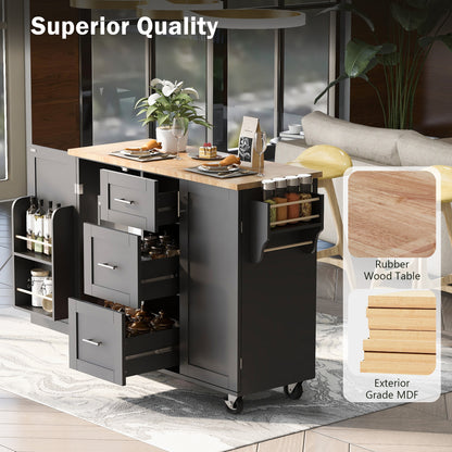 K&K Multifunctional Rolling Kitchen Cart with Rubber Wood Top, 3 Drawers, 2 Slide-Out Shelves, and Ample Storage, Mobile Kitchen Island with Spice Rack & Tower Rack in Black