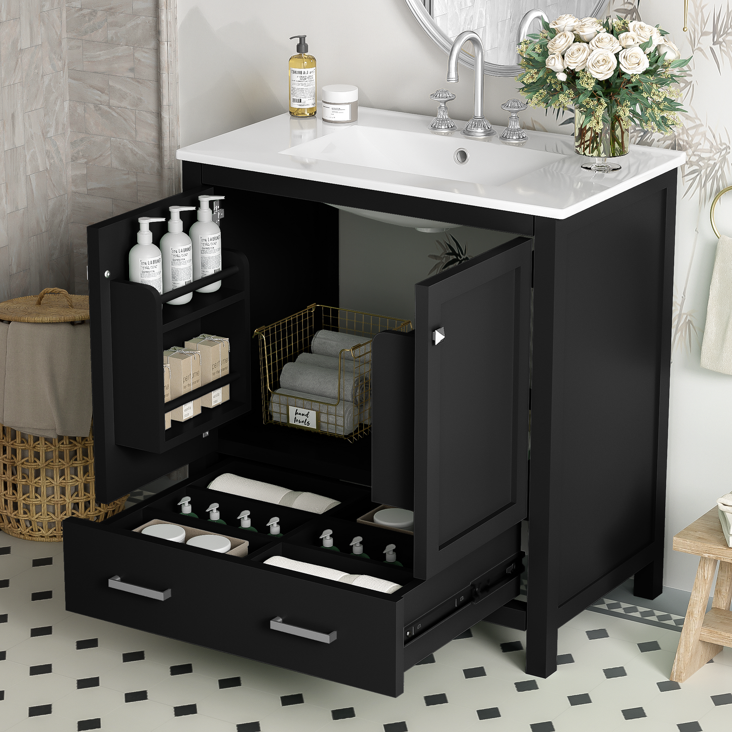 30-Inch Modern Black Bathroom Vanity with Single Sink and Soft-Close Doors, Stylish Storage Cabinet with Undermount Ceramic Basin, Durable Solid Wood Frame