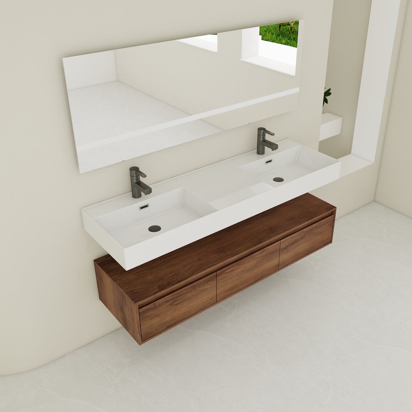 Contemporary 60-Inch Wall-Mounted Bathroom Vanity with Dual Resin Sinks, Soft-Close Drawers, and Floating Design