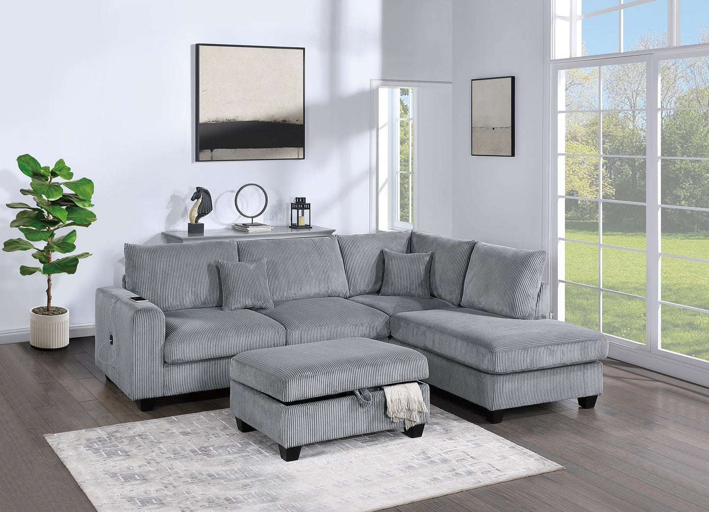 3-Piece Corduroy Sectional with LAF Sofa, RAF Chaise, Storage Ottoman, USB, 106in L x 76in W - Fog