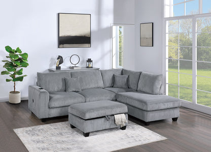 3-Piece Corduroy Sectional with LAF Sofa, RAF Chaise, Storage Ottoman, USB, 106in L x 76in W - Fog