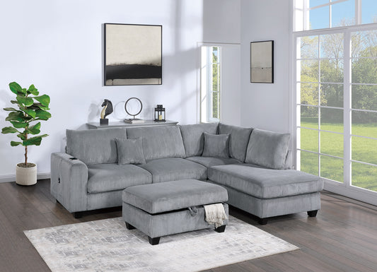 3-Piece Corduroy Sectional with LAF Sofa, RAF Chaise, Storage Ottoman, USB, 106in L x 76in W - Fog