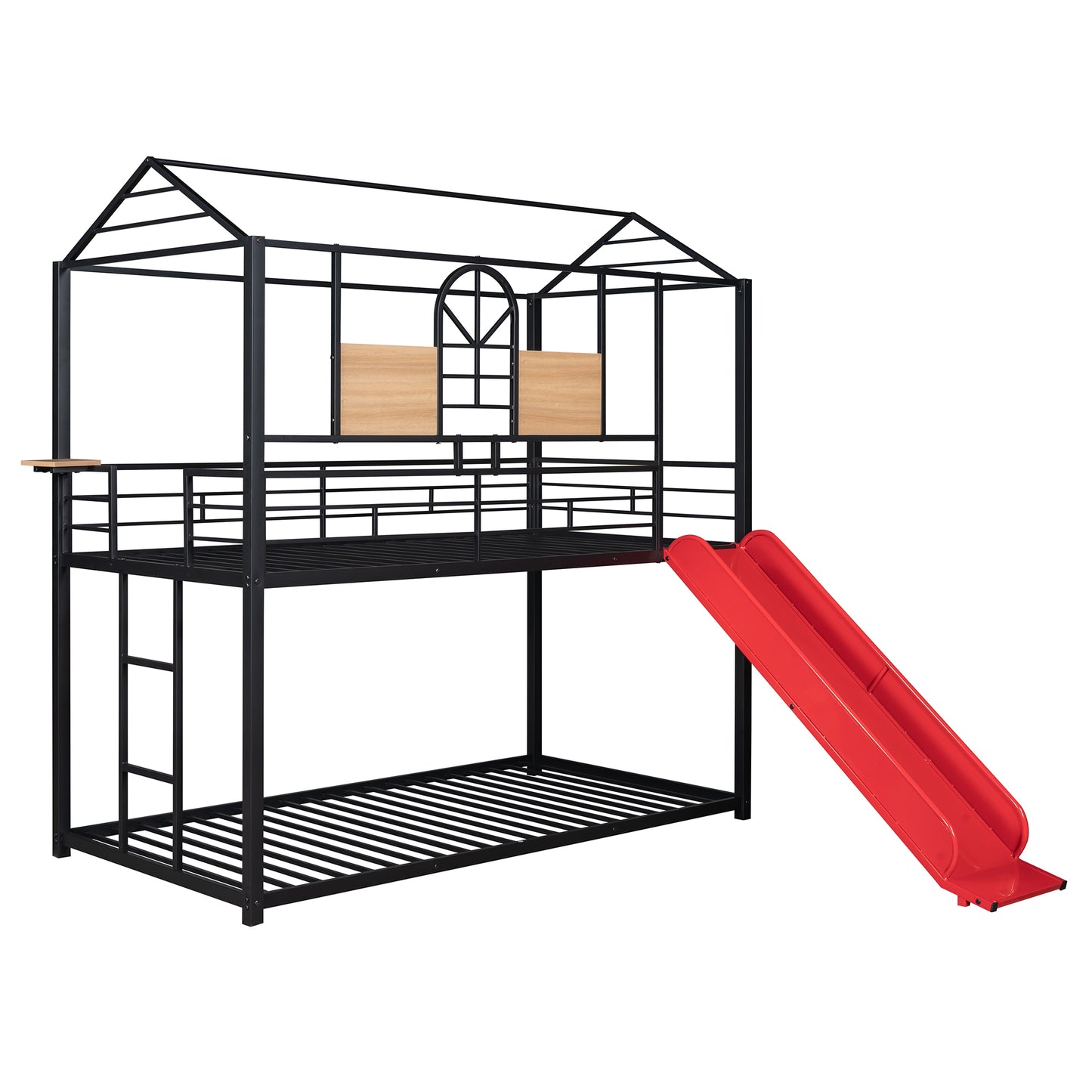 Twin Over Twin Metal Bunk Bed with Fun Slide – Available in Three Chic Colors (Black/Red, Black/Black, White/White)