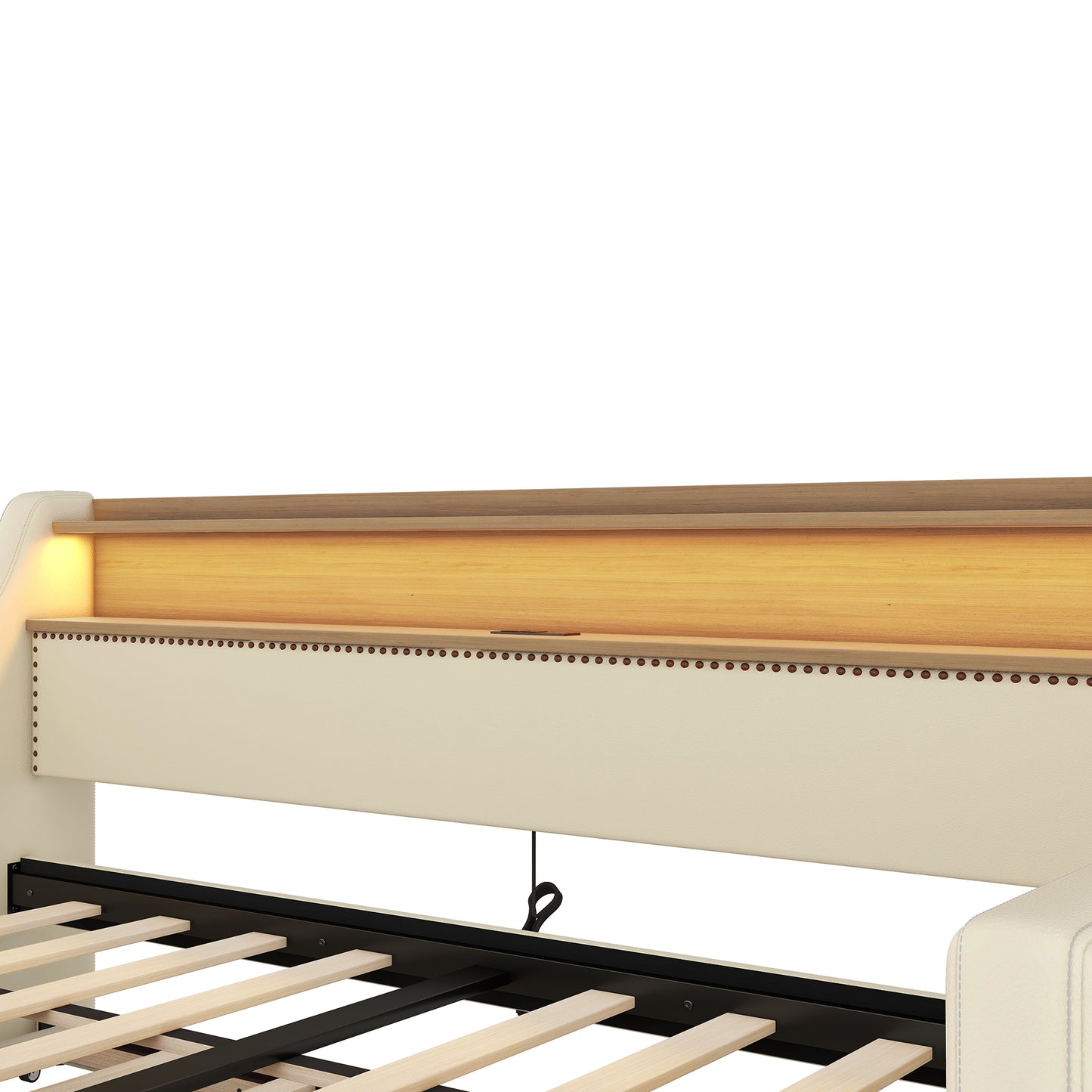 Beige Twin Size Upholstered Daybed with Trundle, USB Charging Station & LED Lighting