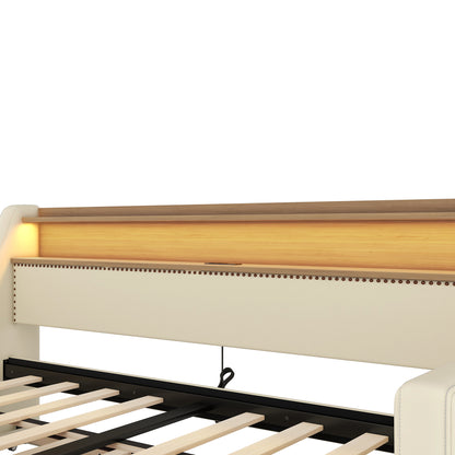 Beige Twin Size Upholstered Daybed with Trundle, USB Charging Station & LED Lighting