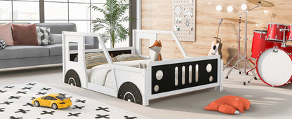 Classic Car-Themed Full Size Platform Bed with Wheels in White
