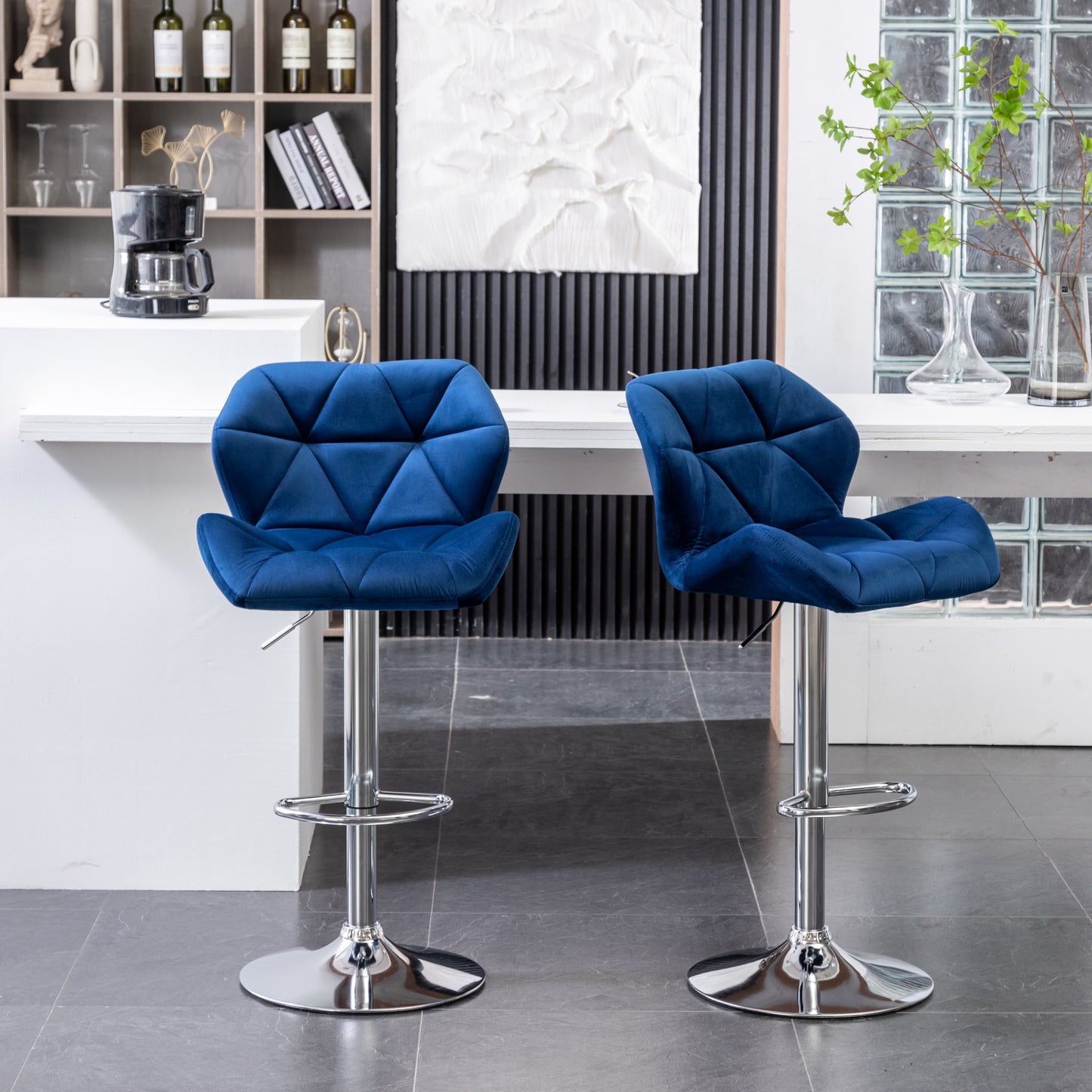 Breni Velvet Diamond Tufted Swivel Adjustable Height Barstool, Set of 2, Blue
