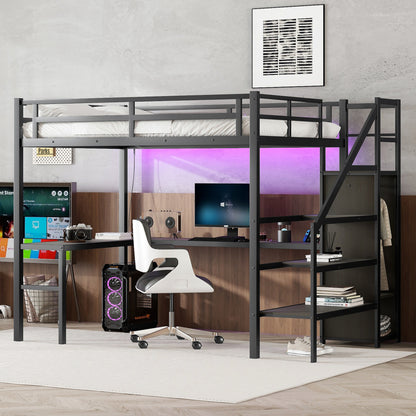 Full XL Metal Loft Bed with L-Shaped Desk, Wardrobe, USB Charging, and LED Lighting for Teens and Adults - Black