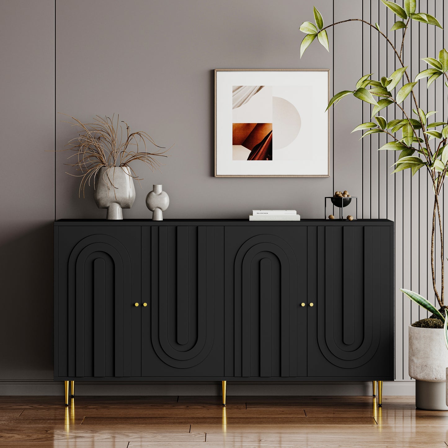 Modern Black Lacquered 4 Door Wooden Cabinet Sideboard Buffet Server Cabinet Storage Cabinet, for Living Room, Entryway, Hallway, Office, Kitchen and Dining Room