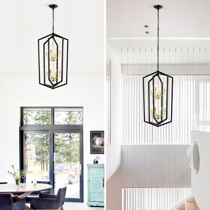 8-Light Lantern Farmhouse Pendant Chandelier for Kitchen Island & Dining, Metal E12 Sockets - Matte Black