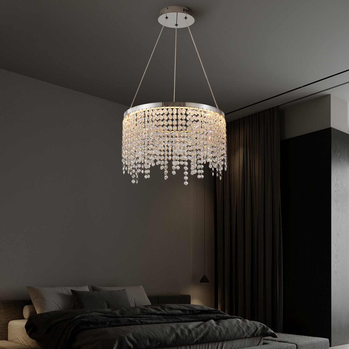 15.7-Inch Crystal Pendant Ceiling Light with Adjustable Height, 16W LED, 110V, Chrome/Transparent