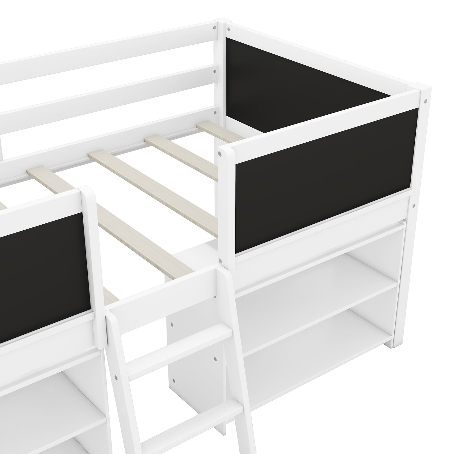 Twin Size Creative Low Loft Bed with Movable Storage Shelves and Chalkboard Guardrail, White