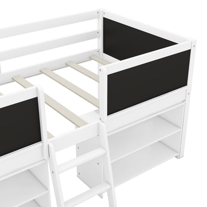 Twin Size Creative Low Loft Bed with Movable Storage Shelves and Chalkboard Guardrail, White