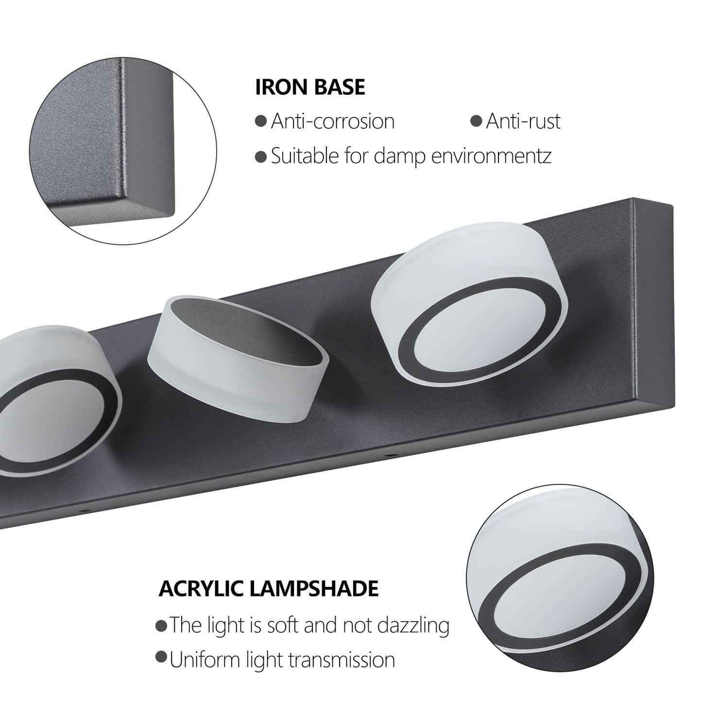 LED 5-Light Vanity Light Fixture for Over-Mirror Bath Wall, 37in Long, Modern Iron & Acrylic Black