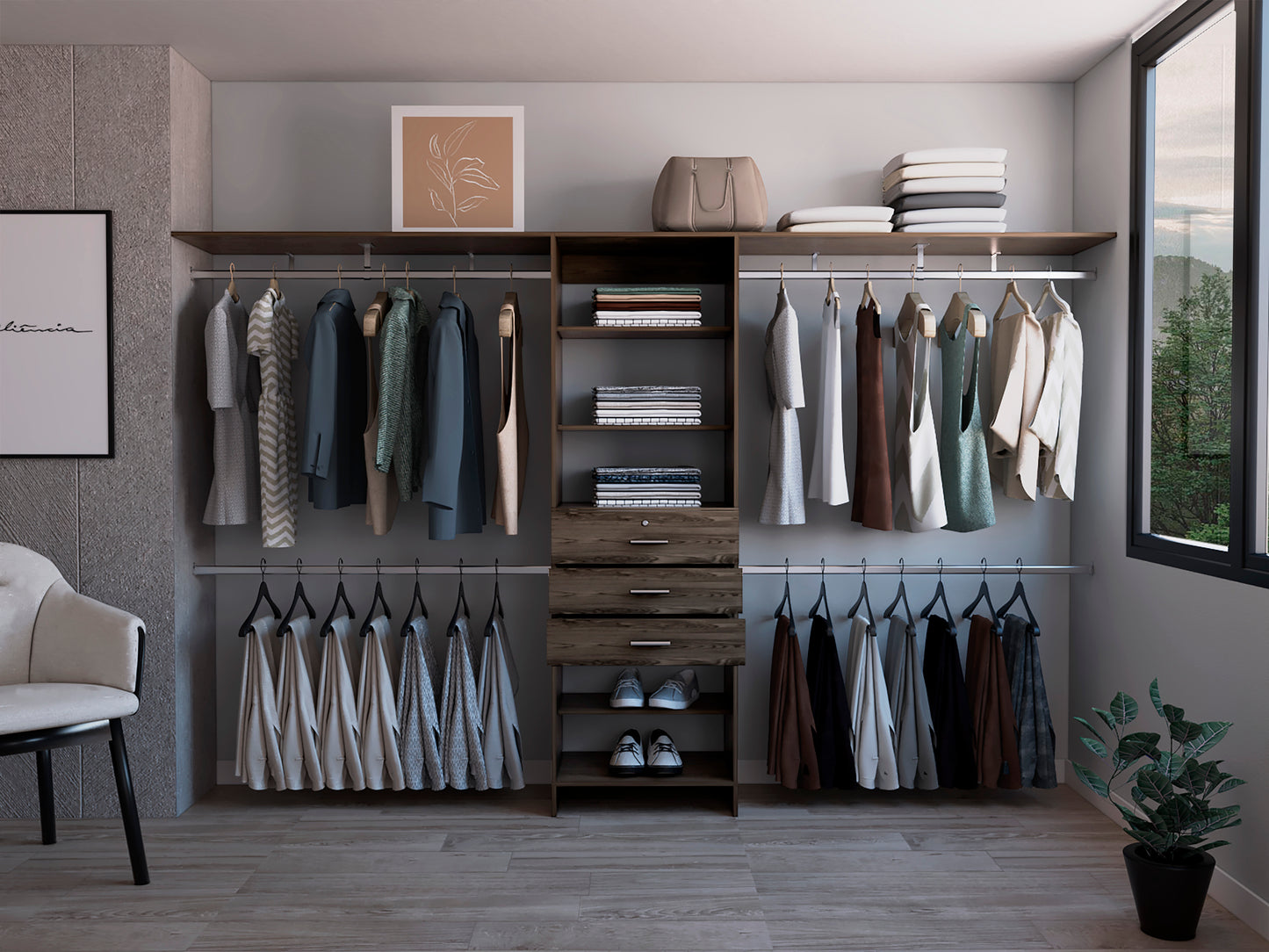 Versatile Dark Walnut Closet System with Adjustable Size, Multiple Hanging Rods, Drawers, and Shelves