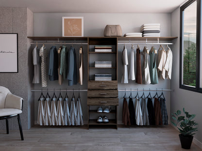 Versatile Dark Walnut Closet System with Adjustable Size, Multiple Hanging Rods, Drawers, and Shelves