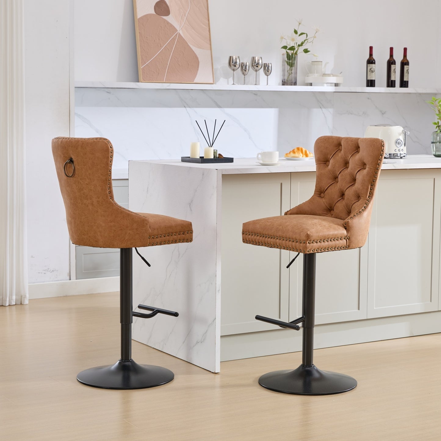 Orange Aged Retro PU Swivel Bar Stools Tufted Back