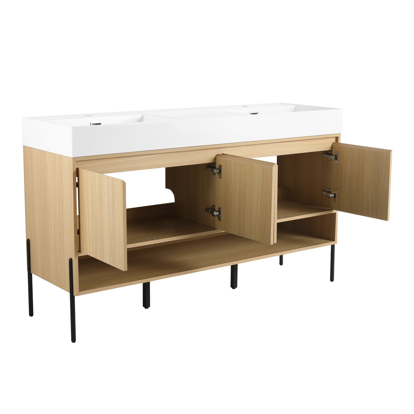 60-Inch Modern Oak Bathroom Vanity Set with Single Resin Sink and 4-Door Storage Cabinet