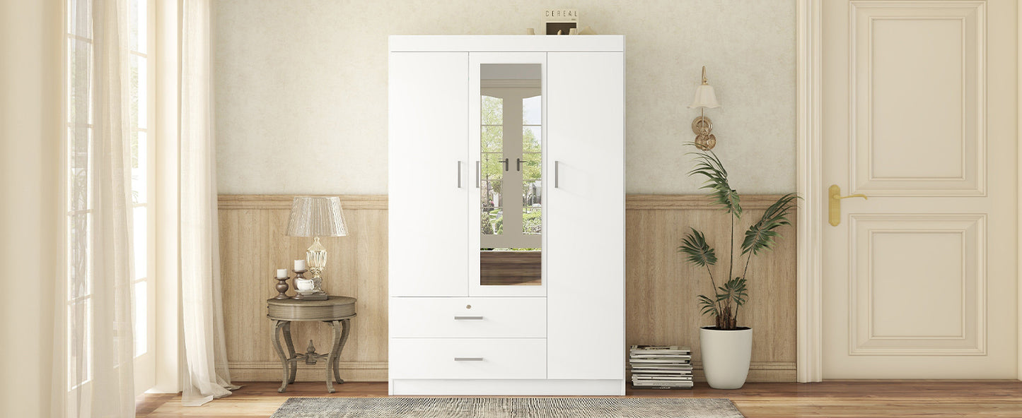 3-Door Mirror Wardrobe with shelves, White