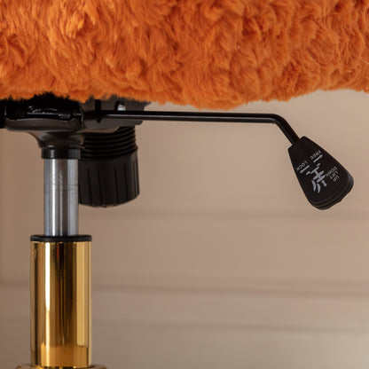 Orange Upholstered Home Office Chair with Golden Base - Adjustable Swivel Vanity Chair Featuring Artificial Rabbit Hair and Reclining Chassis