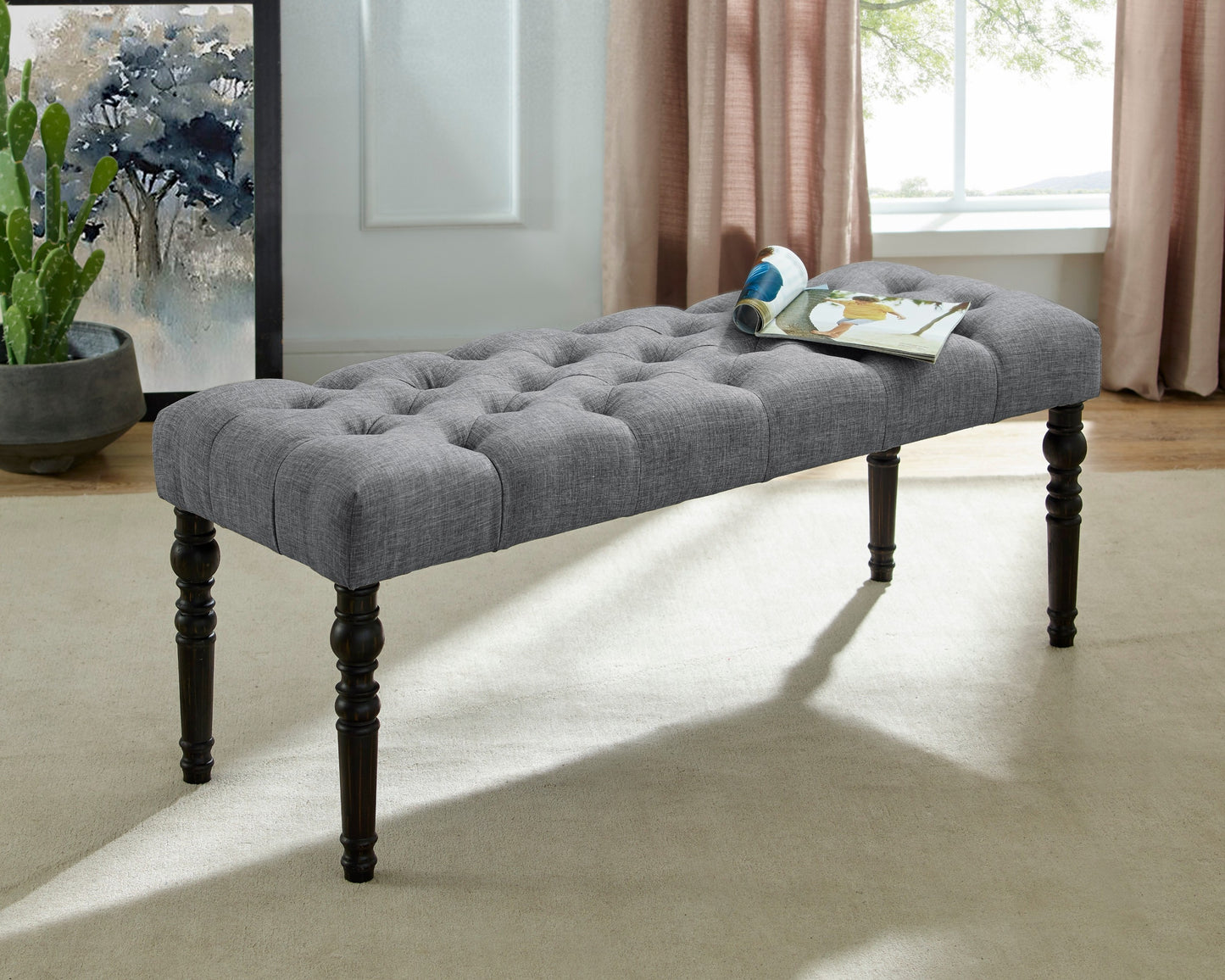 Solid Wood Dining Bench with Turned Legs, Button-Tufted Fabric Seat, 48W x 16D x 19.5H in Gray