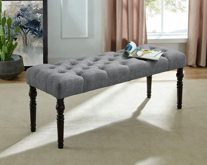 Solid Wood Dining Bench with Turned Legs, Button-Tufted Fabric Seat, 48W x 16D x 19.5H in Gray
