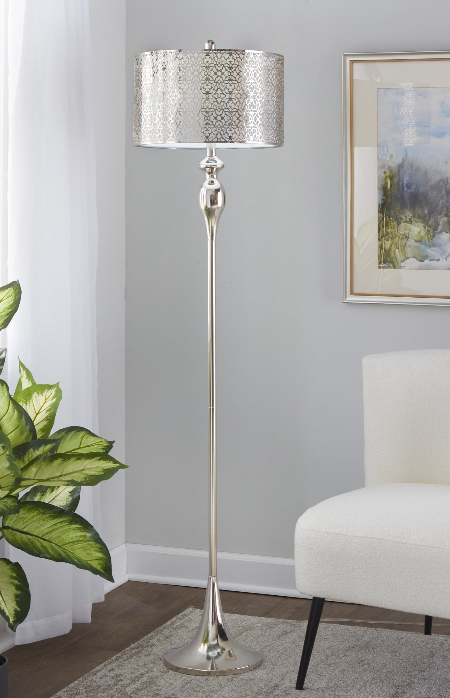63-Inch Metal Floor Lamp with Laser Cut Metal, White Linen Shade, 3-Way Switch, Polished Nickel