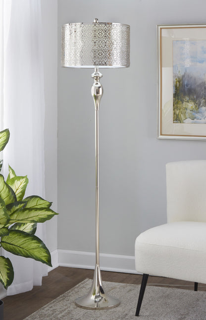 63-Inch Metal Floor Lamp with Laser Cut Metal, White Linen Shade, 3-Way Switch, Polished Nickel