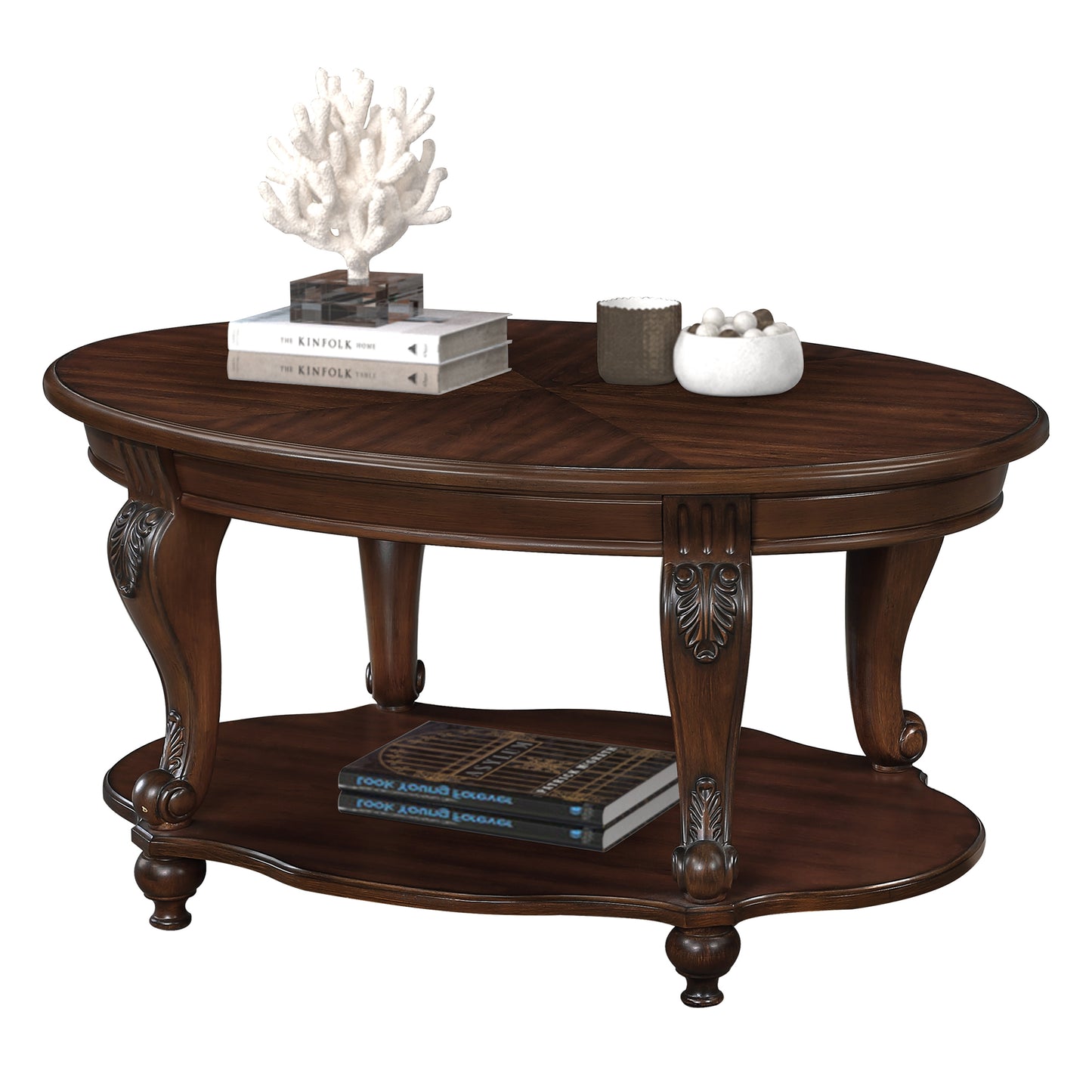Oval Wood Coffee Table, 42in W x 26in D, 2-Tier Open Storage, Living Room, Easy Assembly, Cherry