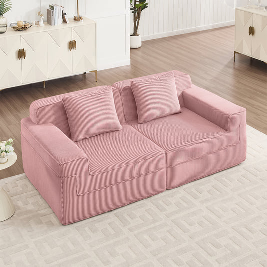 Modular 2-Seat Loveseat Sofa with Deep Cushions, Corduroy Fabric, Removable Pillows, Non-Slip Base, Pink