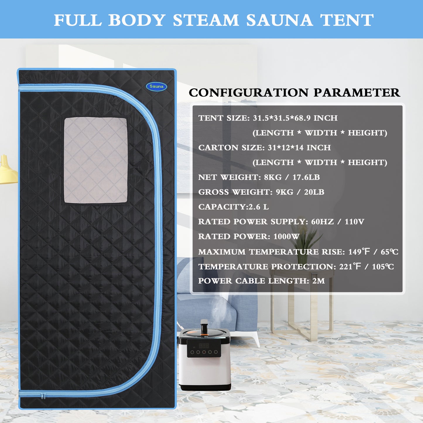 Full Body Portable Steam Sauna Tent for Home Spa Large 31.5in Square 68.9in 1000W 2.6L Pot FCC Black