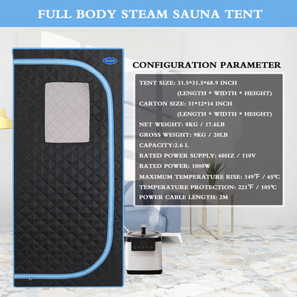 Full Body Portable Steam Sauna Tent for Home Spa Large 31.5in Square 68.9in 1000W 2.6L Pot FCC Black